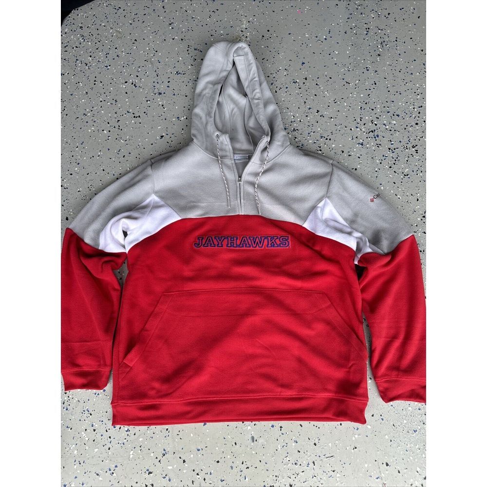 Kansas Jayhawks L NWOT Columbia Lodge Fleece 1/4 Zip Hoodie Relaxed Fit New Red